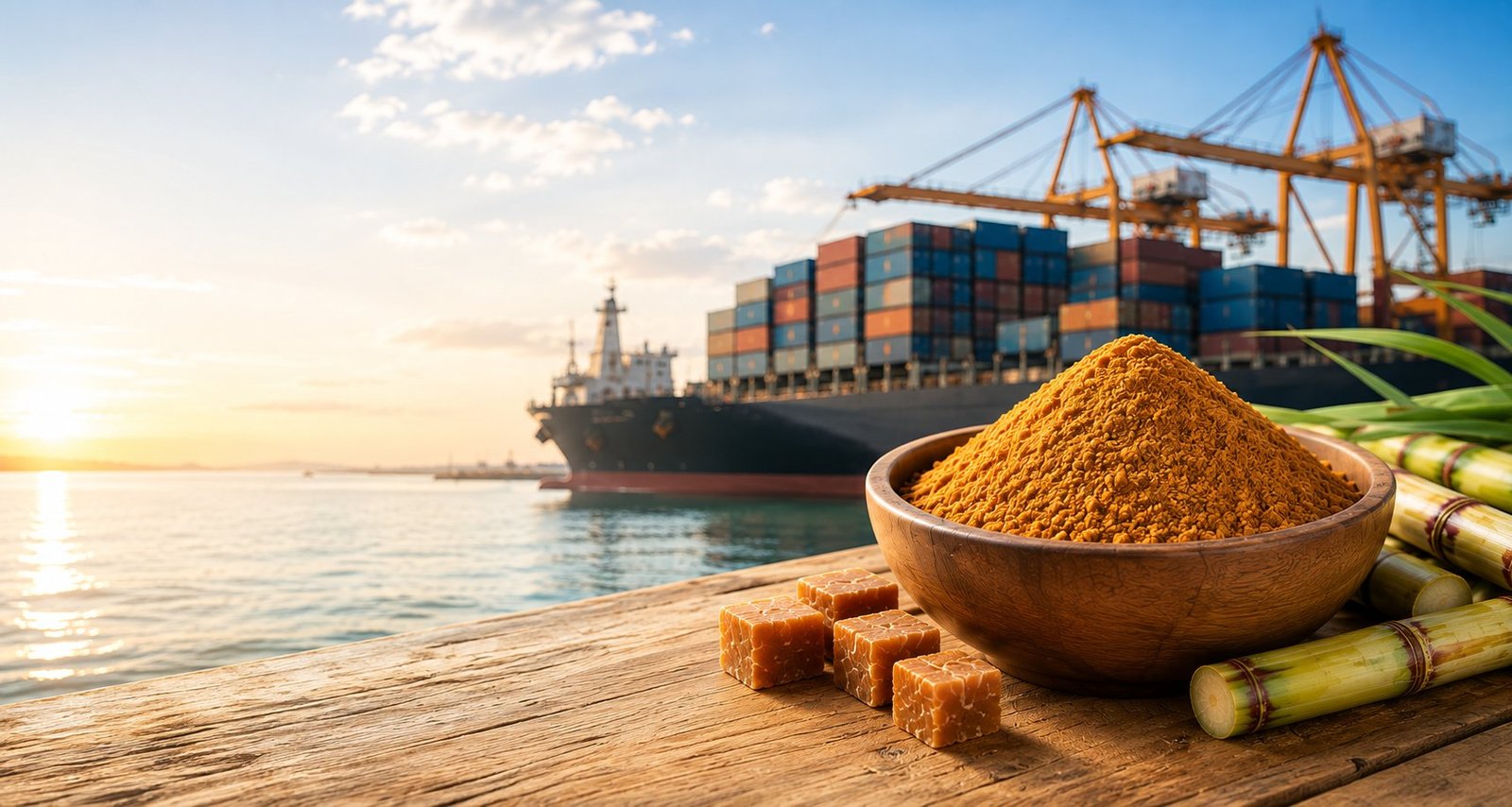 Jaggery powder in a wooden bowl with sugarcane, against a container port